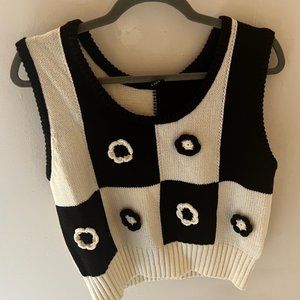 Black and White Floral Crochet Checkerboard Sweater Vest, Small